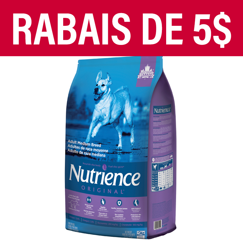 Aliment Nutrience Original pour chiens adultes de race moyenne, Agneau et riz brun, 11,5 kg (25 lbs)