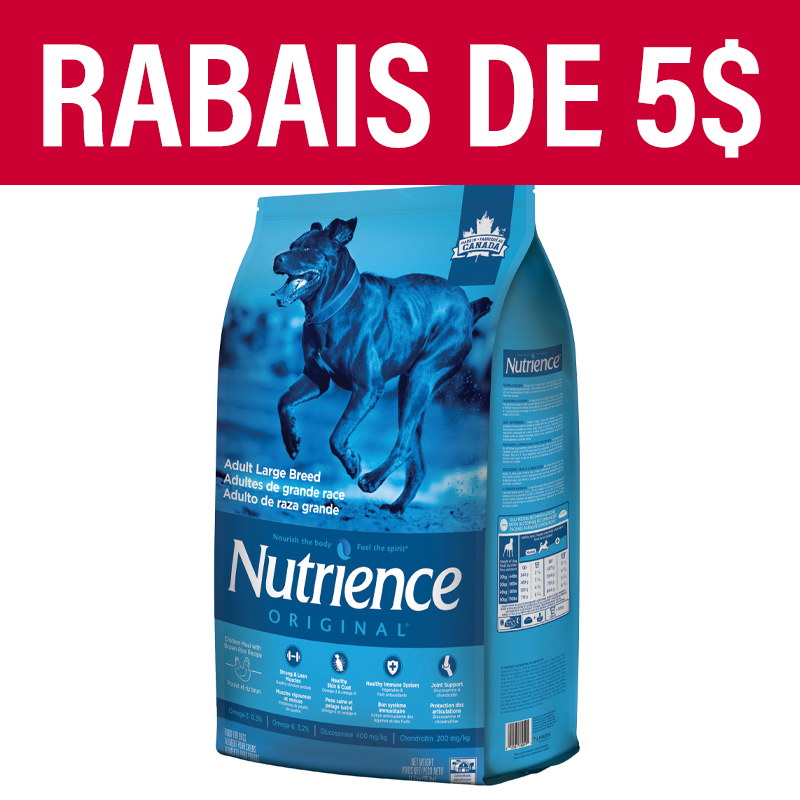 Aliment Nutrience Original pour adultes de grande race, Poulet et riz brun, 11,5 kg (25 lbs)