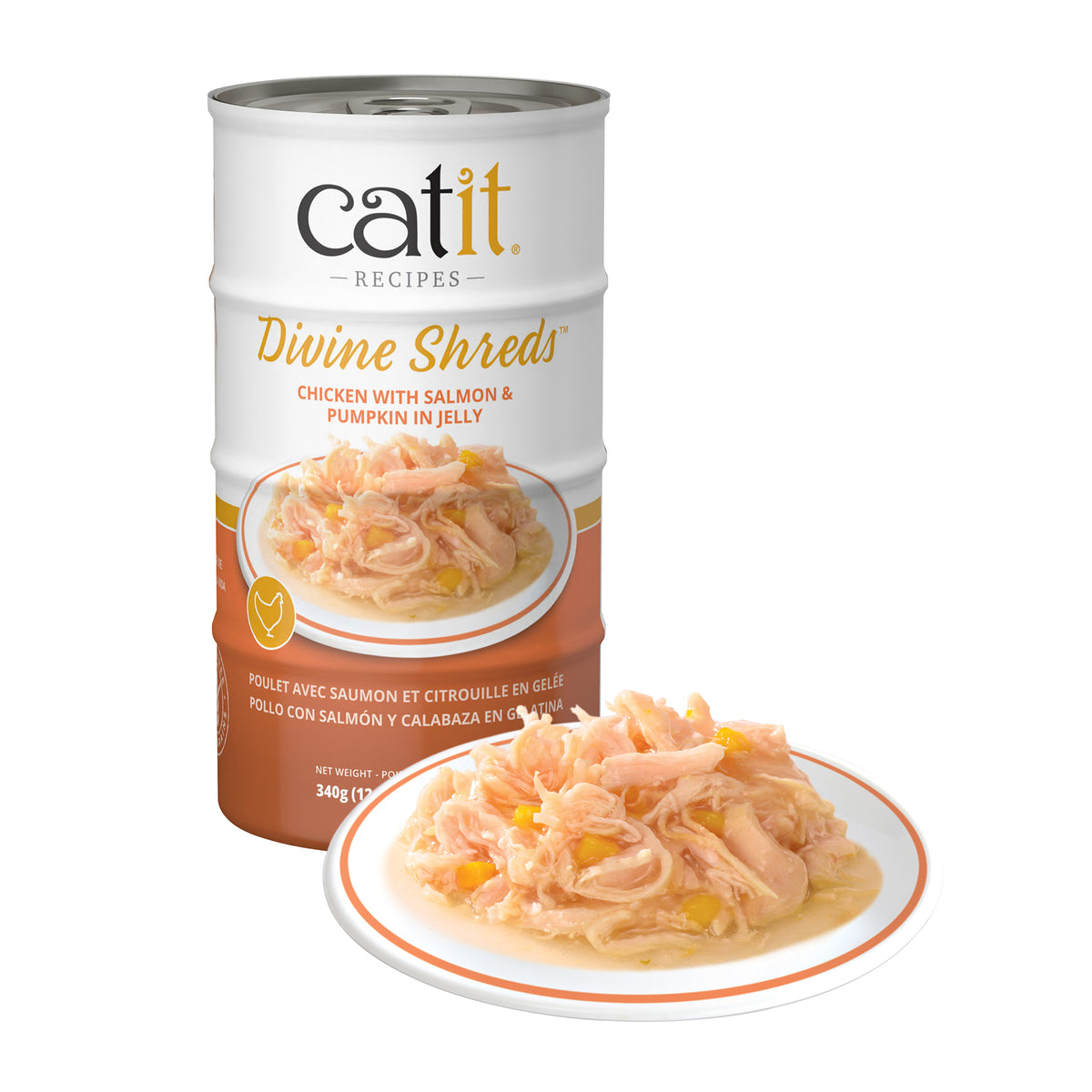 Garnitures Catit Divine Shreds en gelée, Poulet avec saumon et citrouille, 4 x 85 g