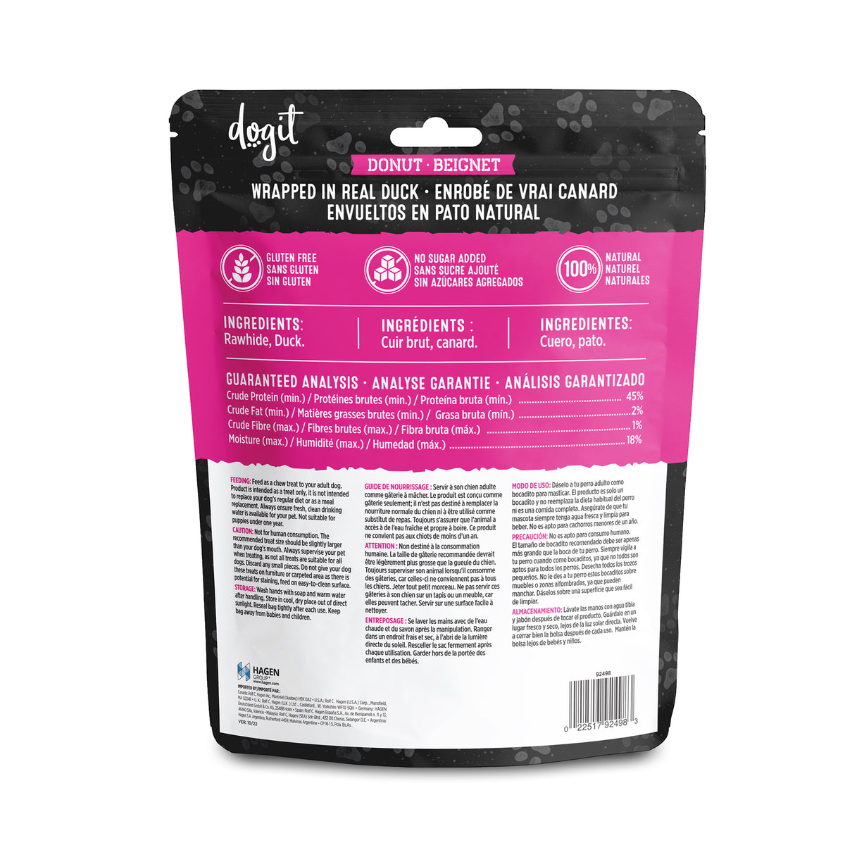 Gâterie Snack Bar Dogit, beignet de cuir brut et canard, approx. 225 g, paquet de 1