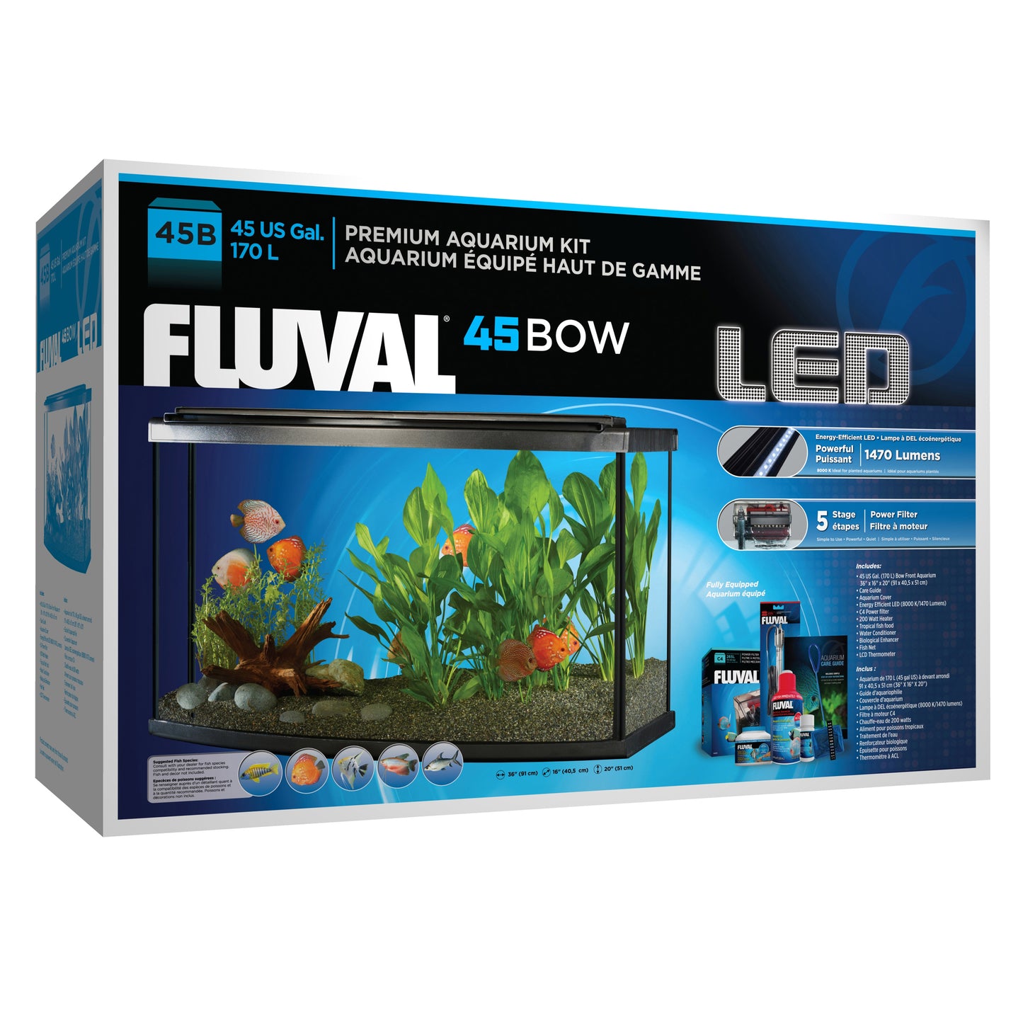 Aquarium équipé haut de gamme Fluval 45 à devant arrondi avec éclairage à DEL, 170 L (45 gal US), 91 x 40,5 x 51 cm (36 x 16 x 20 po)