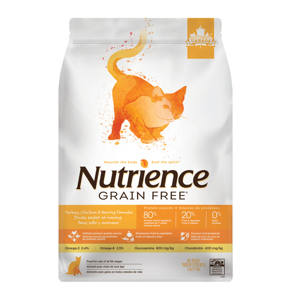 Nourriture Nutrience Sans grains pour chats, Dinde, poulet et hareng, 5 kg
