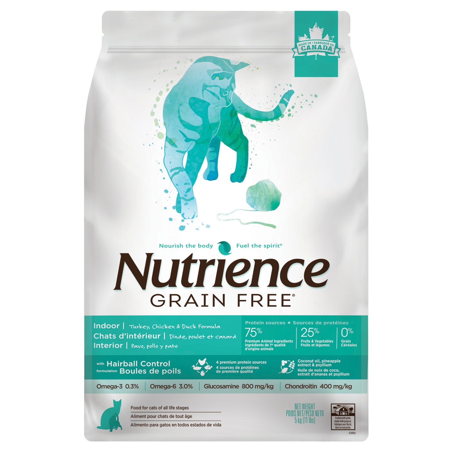 Nourriture Nutrience Sans grains pour chats d’intérieur, Dinde, poulet et canard, 5 kg
