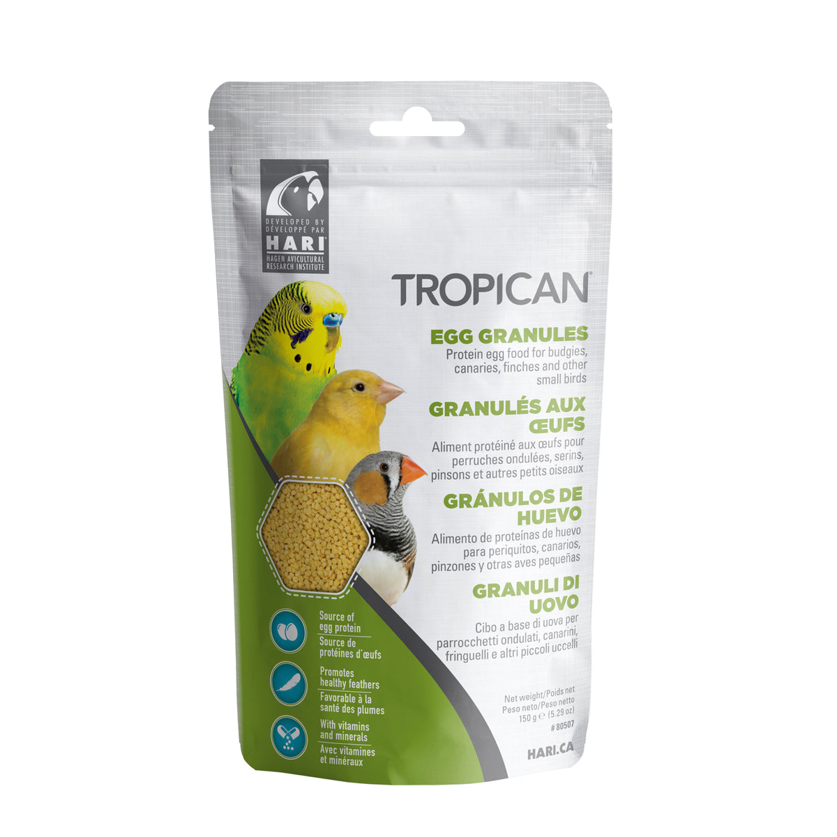 Nourriture Tropican aux œufs pour perruches ondulées, serins et pinsons, granulés, 150 g (5,29 oz)