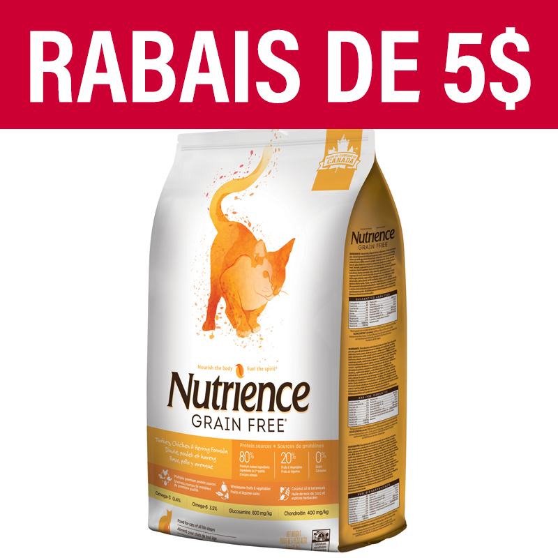 Nourriture Nutrience Sans grains pour chats, Dinde, poulet et hareng, 5 kg