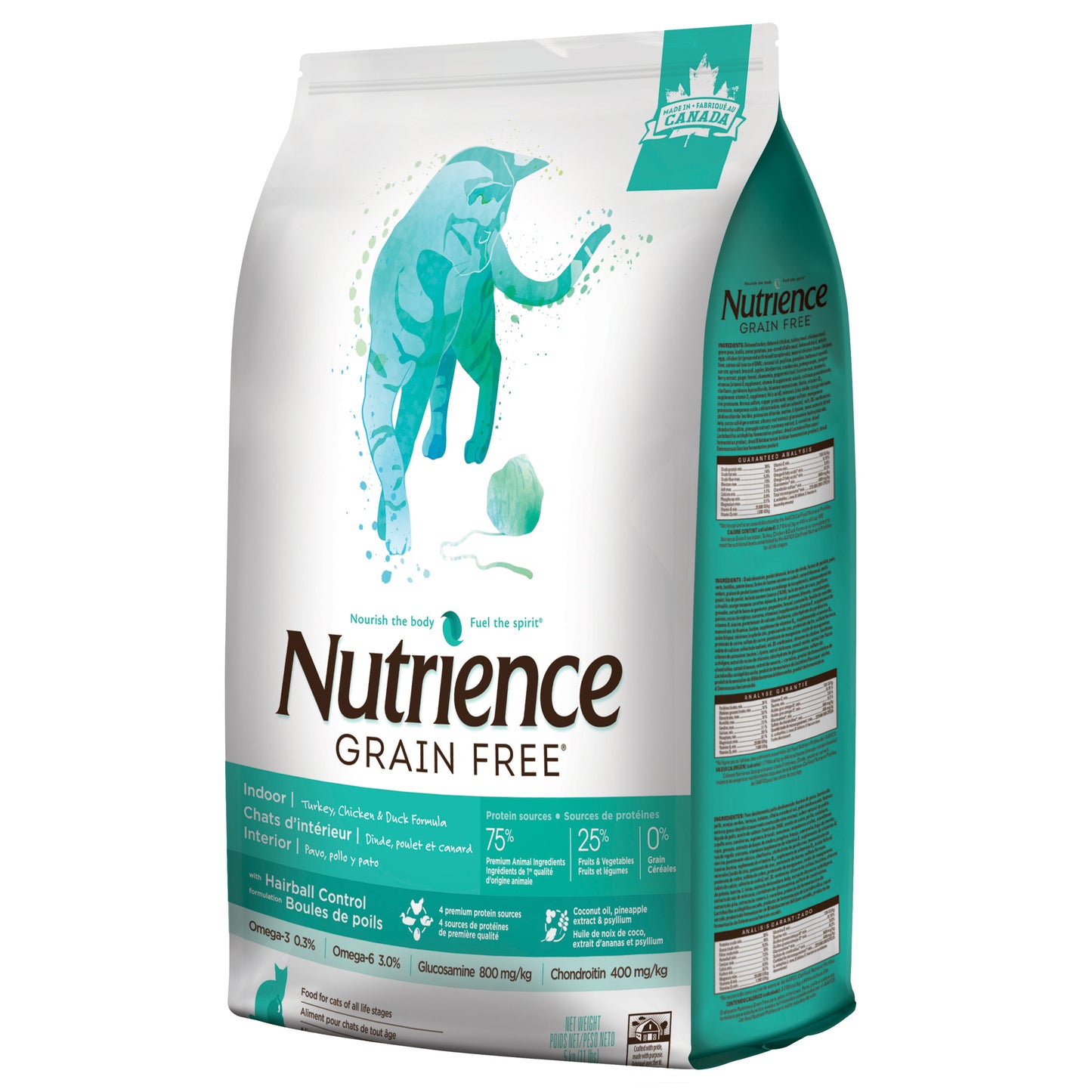 Nourriture Nutrience Sans grains pour chats d’intérieur, Dinde, poulet et canard, 5 kg