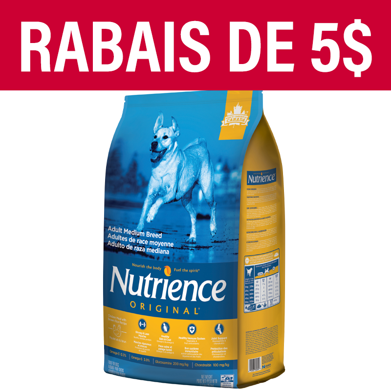 Aliment Nutrience Original pour adultes de race moyenne, Poulet et riz brun, 11,5 kg (25 lbs)