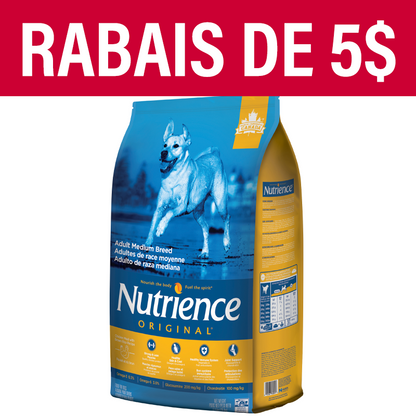 Aliment Nutrience Original pour adultes de race moyenne, Poulet et riz brun, 11,5 kg (25 lbs)