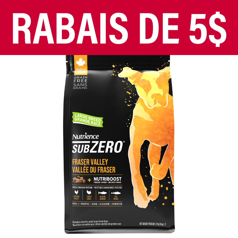 Aliment Subzero Nutrience Sans grains pour chiens de grande race, formulation Vallée du Fraser, 10 kg (22 lbs)