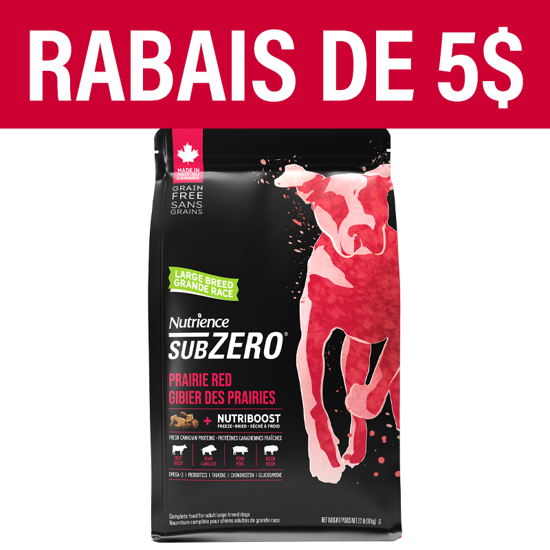 Aliment Subzero Nutrience Sans grains pour chiens de grande race, formulation Gibier des Prairies, 10 kg (22 lbs)