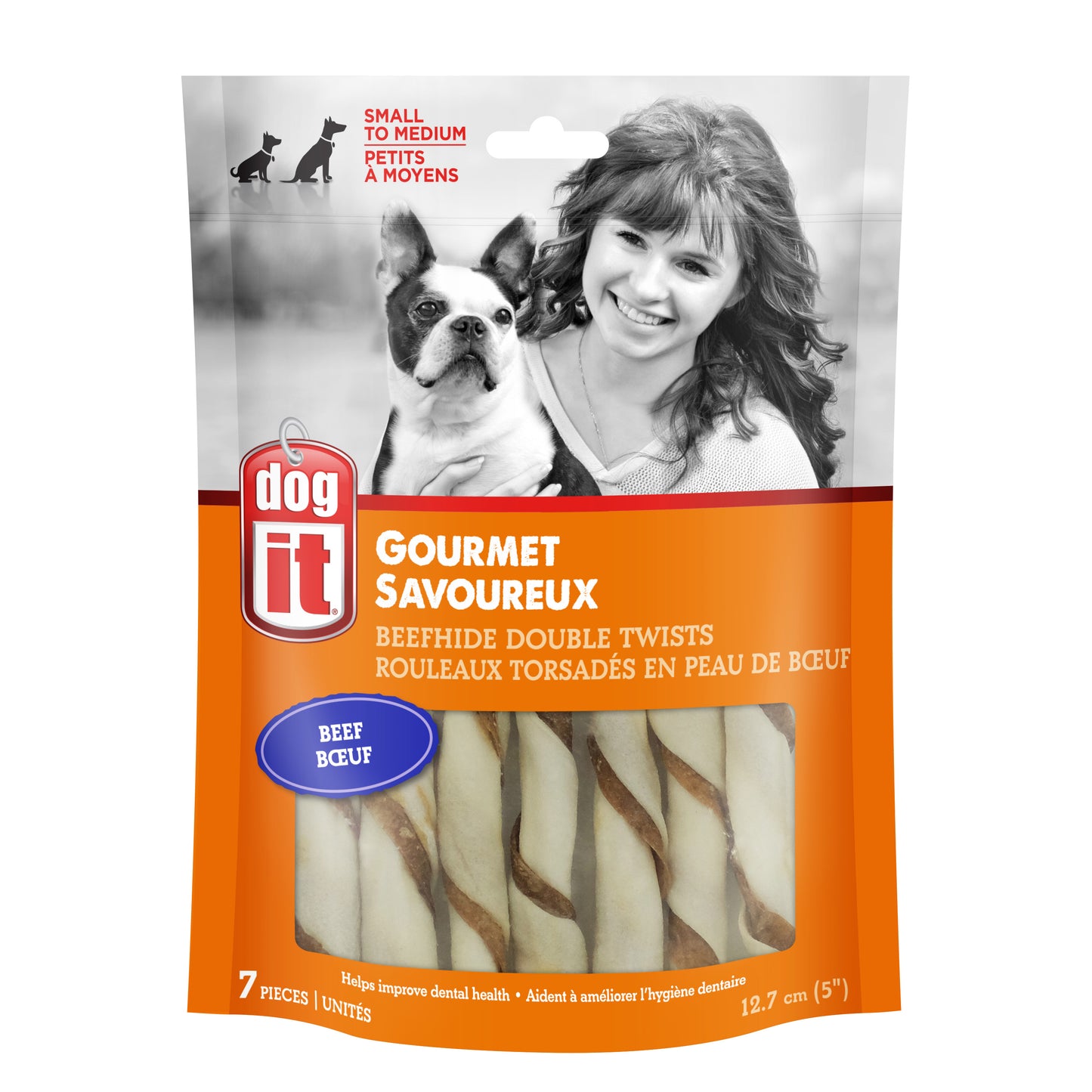 Rouleaux torsadés Dogit en peau de bœuf, saveur de bœuf, 12,7 cm (5 po), paquet de 7