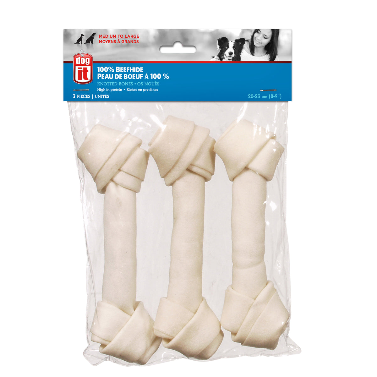Os noués Dogit en peau de bœuf naturelle, grands, 2023 cm (89 po), format boni de 300 g (10,6 oz), paquet de 3
