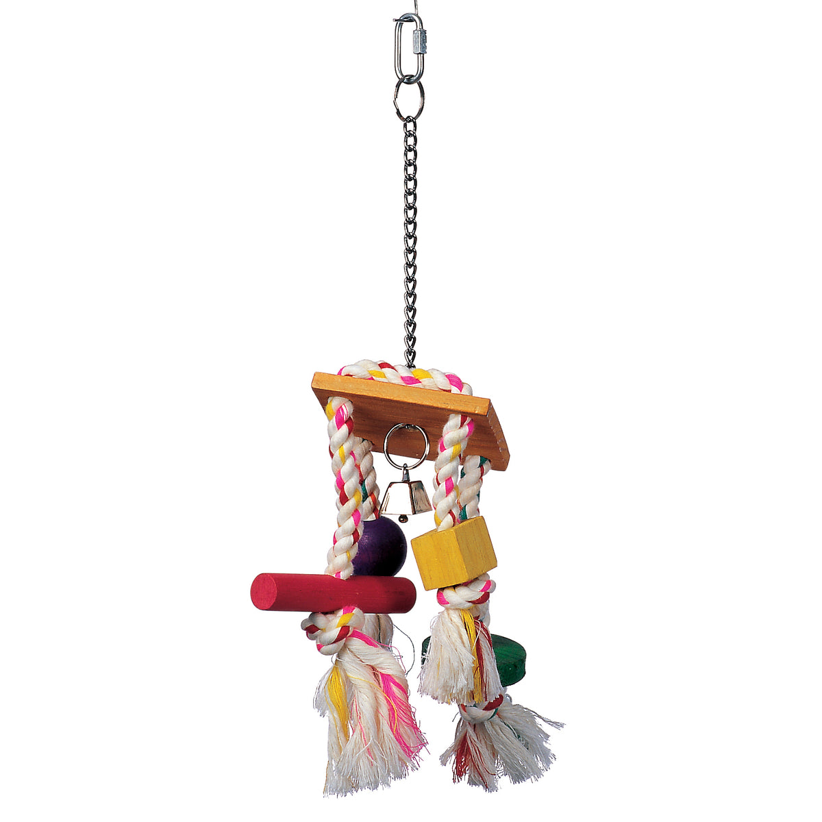 Jouet Junglewood Living World pour oiseaux, corde carillon avec clochettes, cylindre, bloc et boule