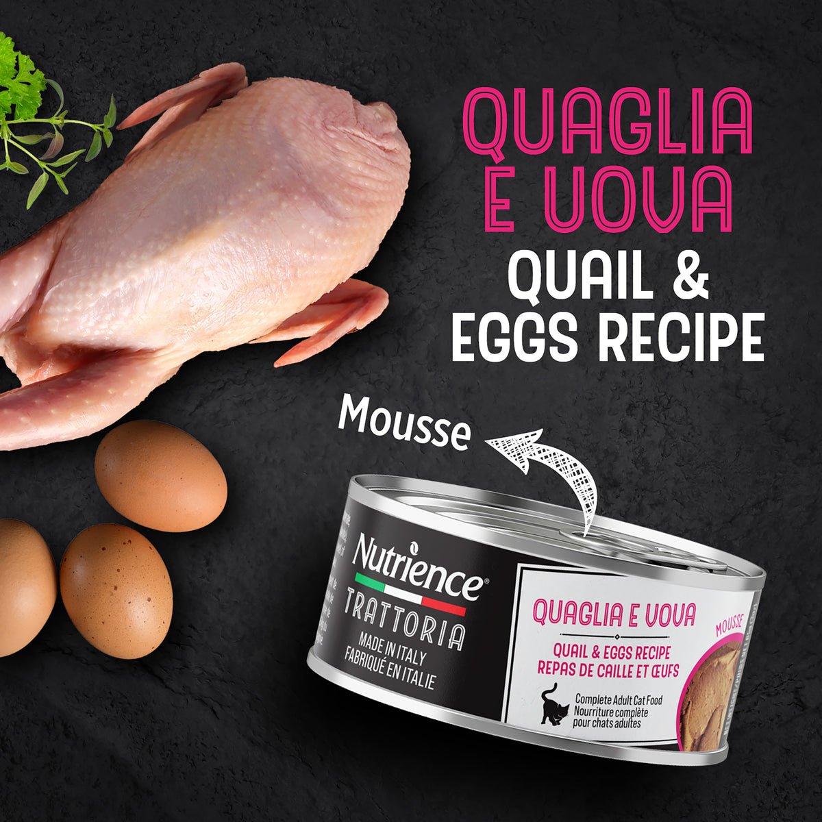 Nourriture Nutrience Trattoria pour chats, Mousse avec caille et œufs, 85 g