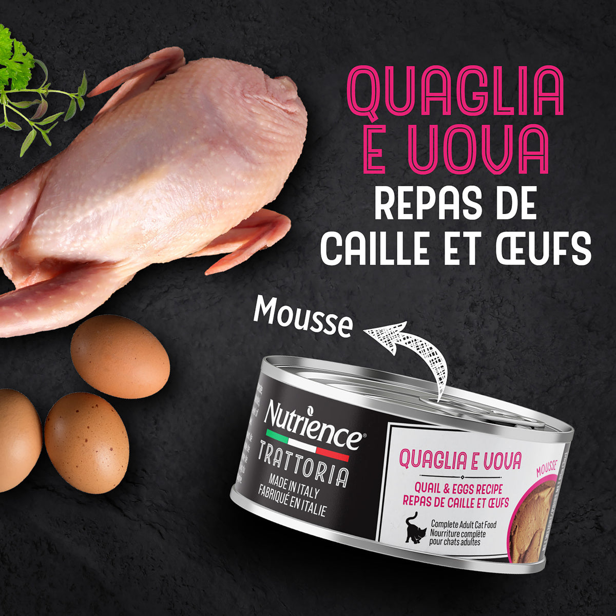 Nourriture Nutrience Trattoria pour chats, Mousse avec caille et œufs, 85 g