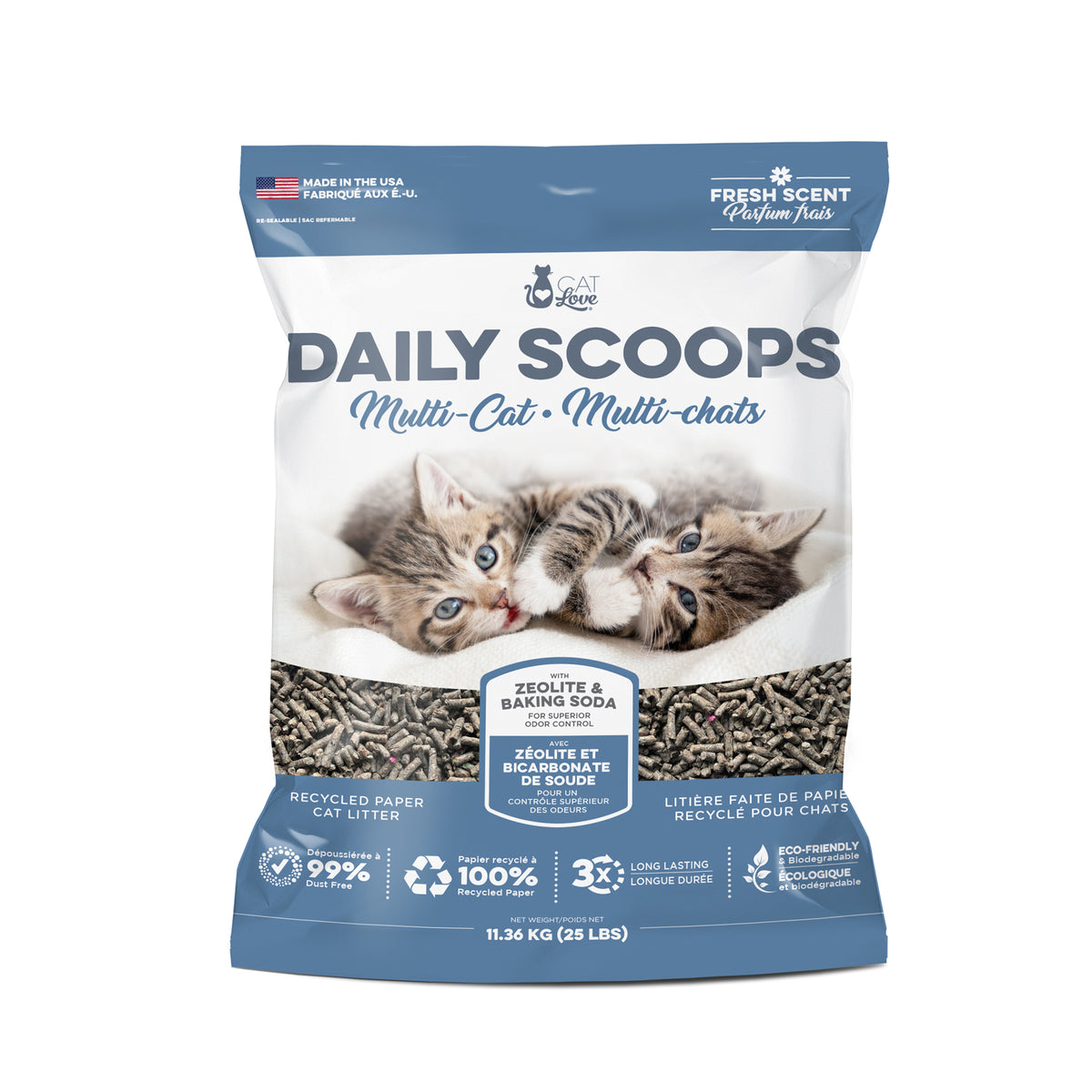Litière de papier recyclé Daily Scoops Cat Love Multichats, parfumée, 11,36 kg (25 lb)