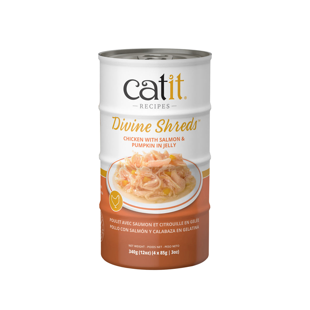 Garnitures Catit Divine Shreds en gelée, Poulet avec saumon et citrouille, 4 x 85 g