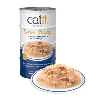 Garnitures Catit Divine Shreds en gelée, Poulet avec maquereau et brocoli, 4 x 85 g