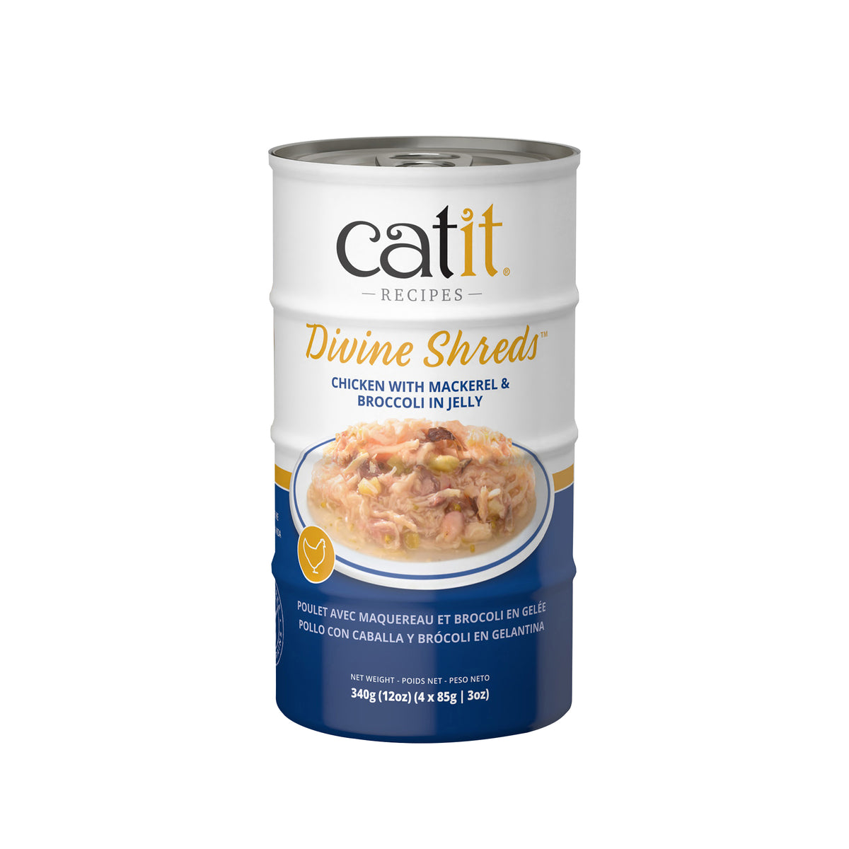 Garnitures Catit Divine Shreds en gelée, Poulet avec maquereau et brocoli, 4 x 85 g