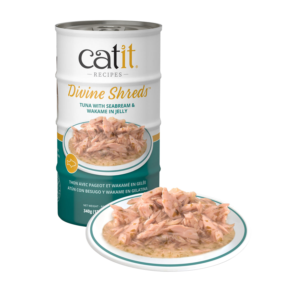 Garnitures Catit Divine Shreds en gelée, Thon avec pageot et wakamé, 4 x 85 g