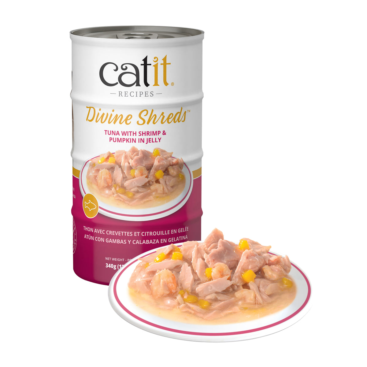 Garnitures Catit Divine Shreds en gelée, Thon avec crevettes et citrouille, 4 x 85 g