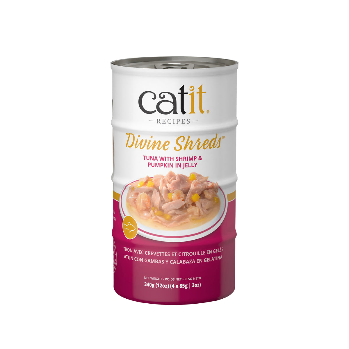 Garnitures Catit Divine Shreds en gelée, Thon avec crevettes et citrouille, 4 x 85 g