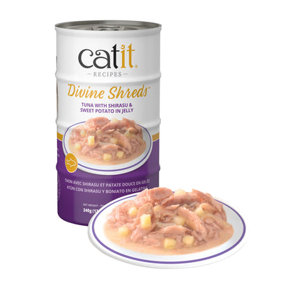 Garnitures Catit Divine Shreds en gelée, Thon avec shirasu et patate douce, 4 x 85 g