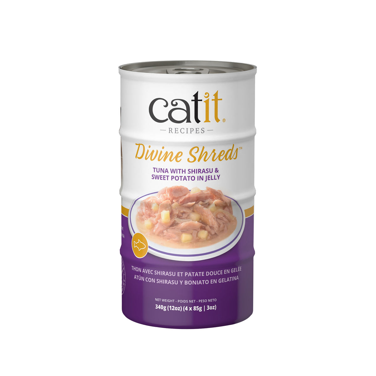 Garnitures Catit Divine Shreds en gelée, Thon avec shirasu et patate douce, 4 x 85 g