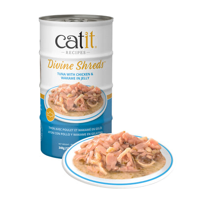 Garnitures Catit Divine Shreds en gelée, Thon avec poulet et wakamé, 4 x 85 g