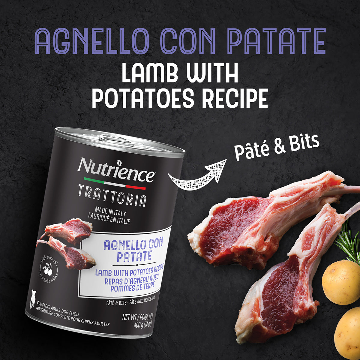 Nourriture Nutrience Trattoria pour chiens, Repas d’agneau et pommes de terre, 400 g