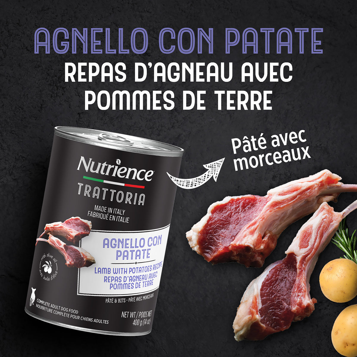 Nourriture Nutrience Trattoria pour chiens, Repas d’agneau et pommes de terre, 400 g