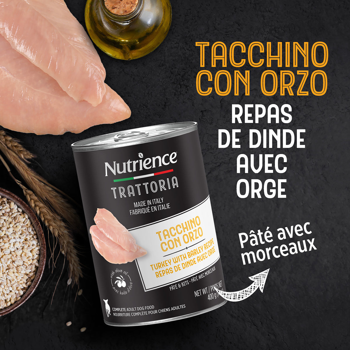 Nourriture Nutrience Trattoria pour chiens, Repas de dinde et orge, 400 g