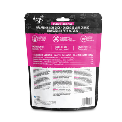 Gâterie Snack Bar Dogit, beignet de cuir brut et canard, approx. 225 g, paquet de 1
