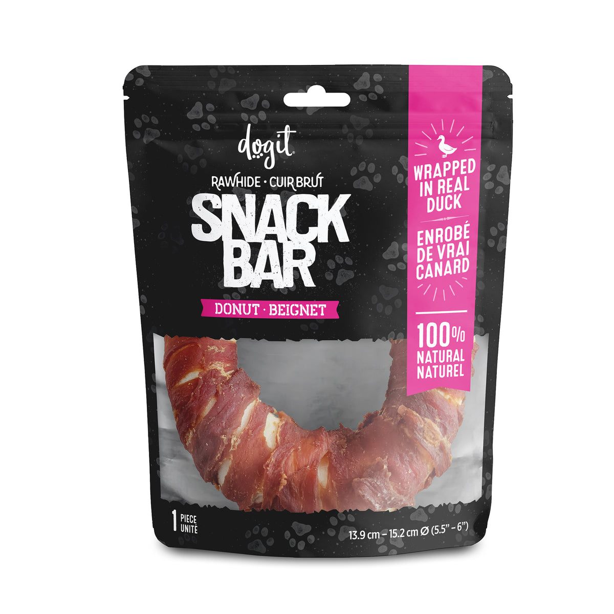 Gâterie Snack Bar Dogit, beignet de cuir brut et canard, approx. 225 g, paquet de 1
