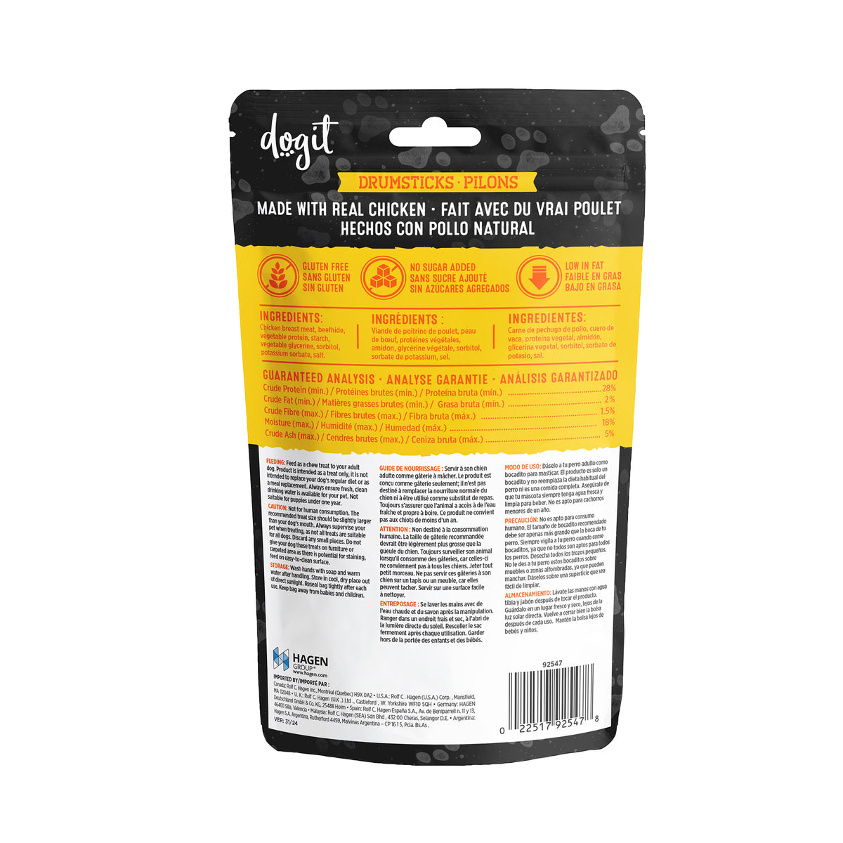 Gâteries Snack Bar Dogit, pilons de poulet et peau de bœuf, 7,5 cm, 100 g