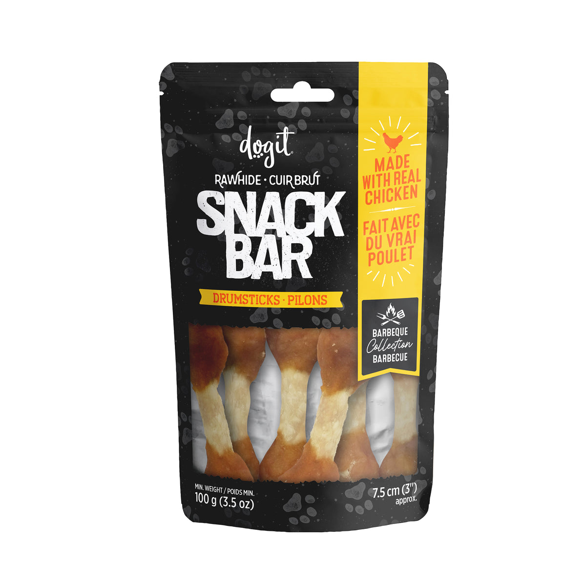 Gâteries Snack Bar Dogit, pilons de poulet et peau de bœuf, 7,5 cm, 100 g