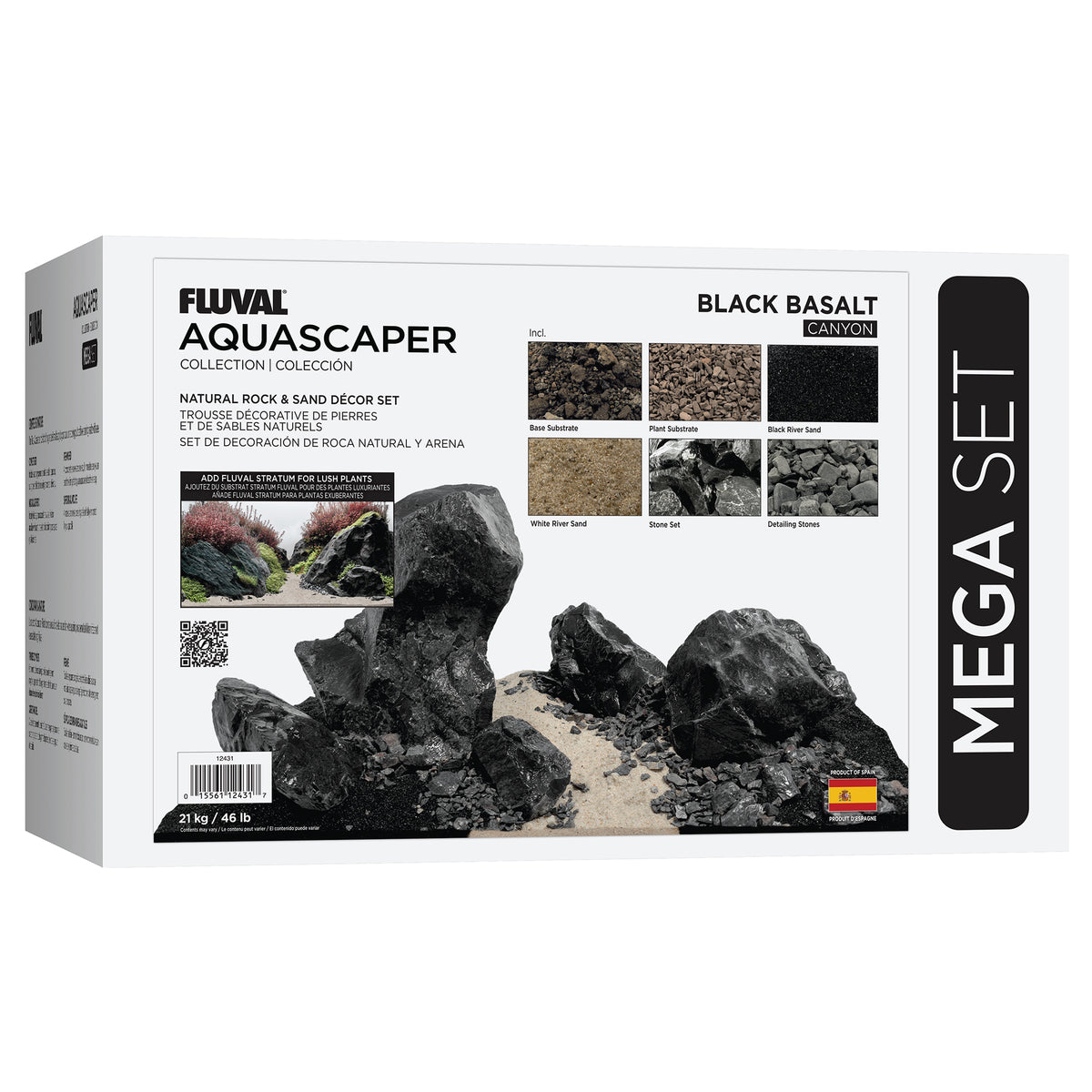 Trousse décorative Aquascaper Fluval de pierres et de sables, Black Basalt, Méga, 21 kg (46 lb)