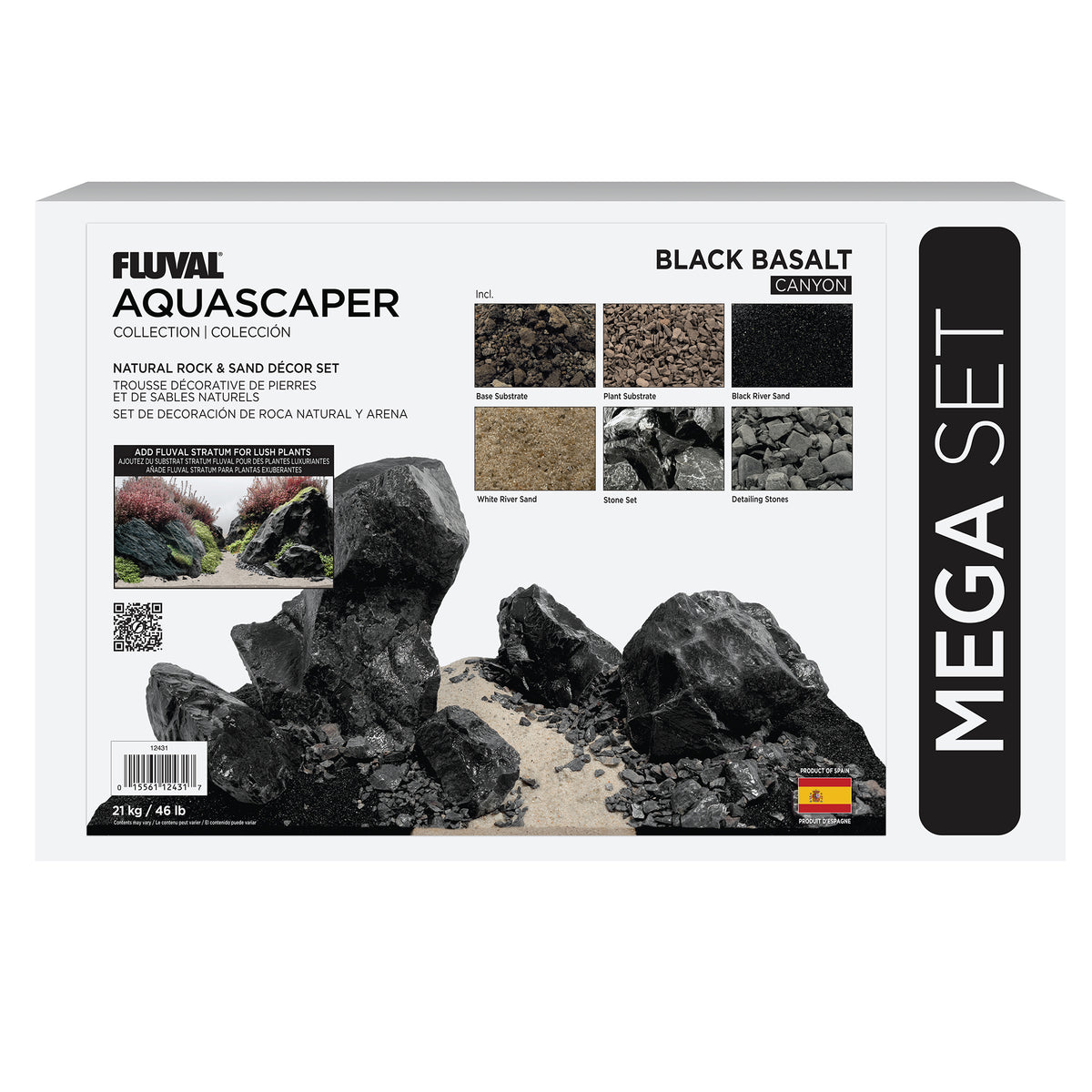 Trousse décorative Aquascaper Fluval de pierres et de sables, Black Basalt, Méga, 21 kg (46 lb)