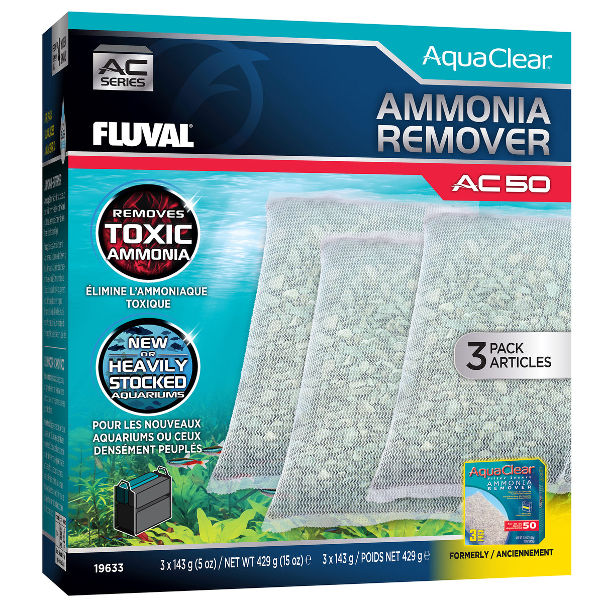 Éliminateurs d’ammoniaque pour filtre à moteur AC50 Fluval, 429 g (15 oz), paquet de 3