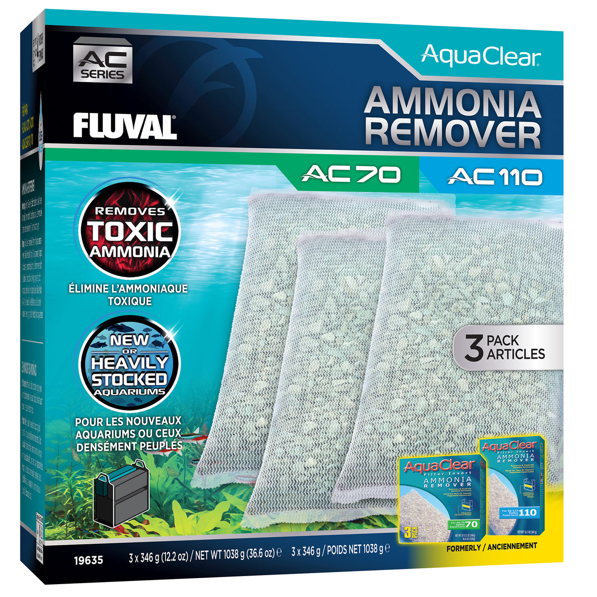 Éliminateurs d’ammoniaque pour filtre à moteur AC70/AC110 Fluval, 1 038 g (36,6 oz), paquet de 3