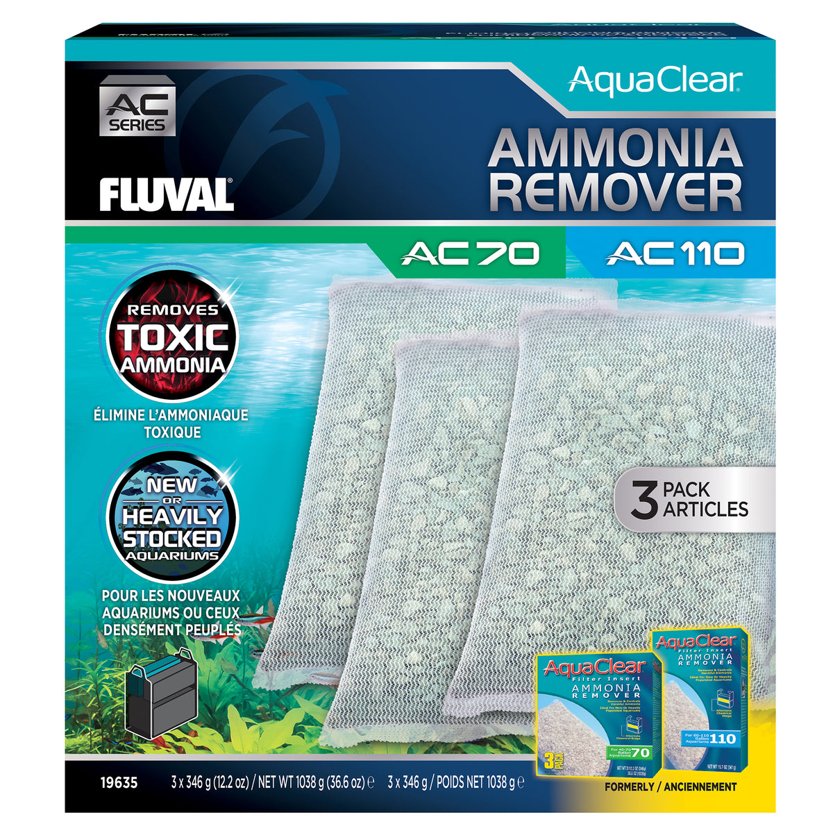 Éliminateurs d’ammoniaque pour filtre à moteur AC70/AC110 Fluval, 1 038 g (36,6 oz), paquet de 3