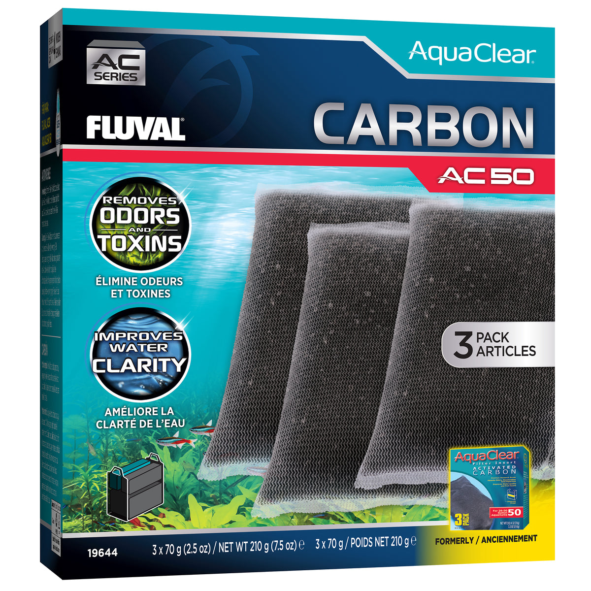 Charbon pour filtre à moteur AC50 Fluval, 210 g (7,5 oz), paquet de 3