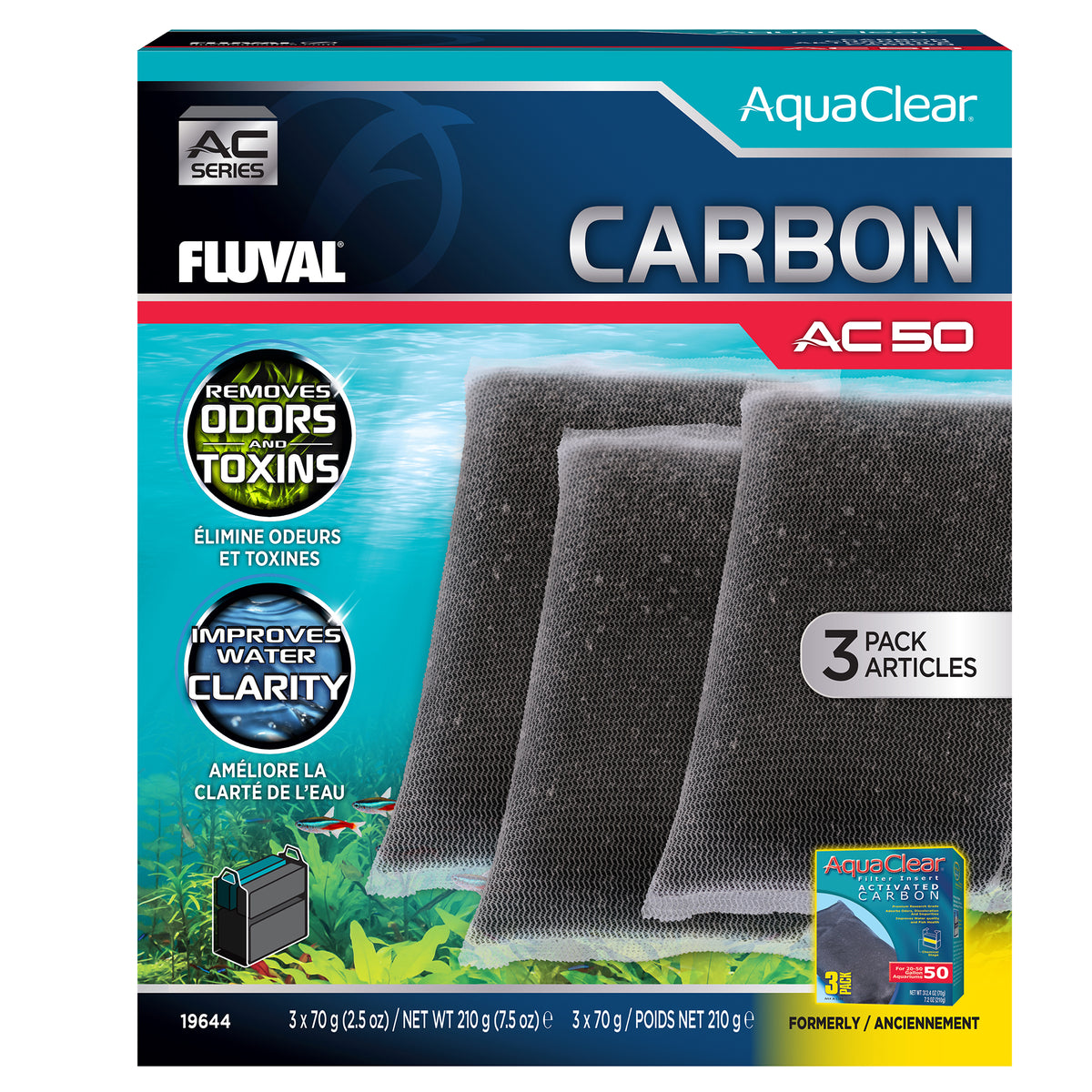 Charbon pour filtre à moteur AC50 Fluval, 210 g (7,5 oz), paquet de 3