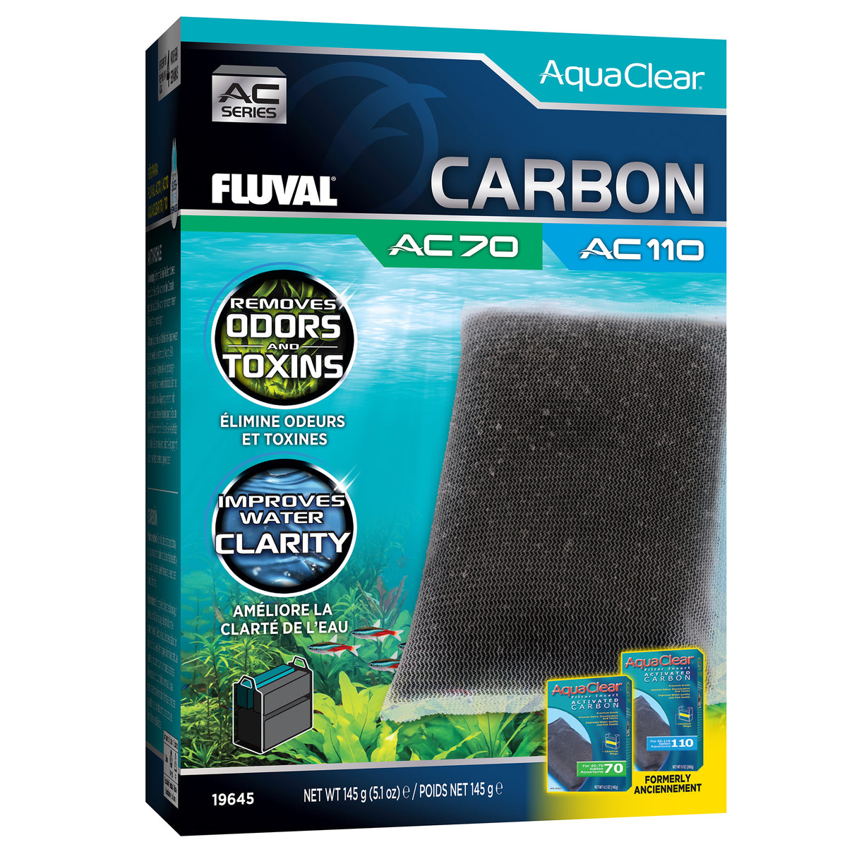 Charbon pour filtre à moteur AC70/AC110 Fluval, 145 g (5,1 oz)