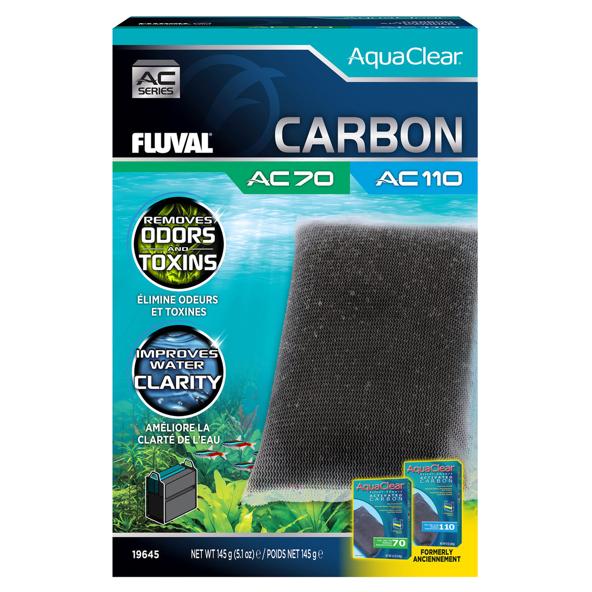 Charbon pour filtre à moteur AC70/AC110 Fluval, 145 g (5,1 oz)