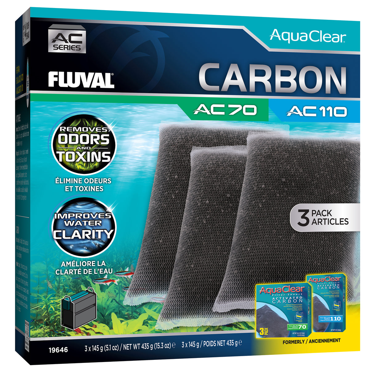 Charbon pour filtre à moteur AC70/AC110 Fluval, 435 g (15,3 oz), paquet de 3