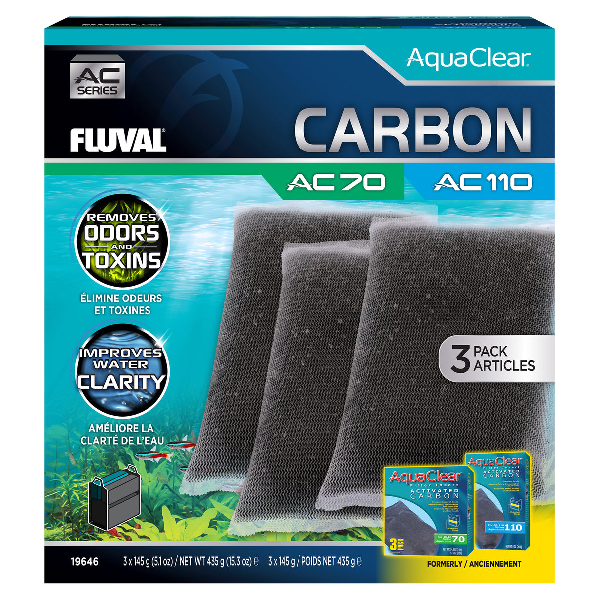 Charbon pour filtre à moteur AC70/AC110 Fluval, 435 g (15,3 oz), paquet de 3
