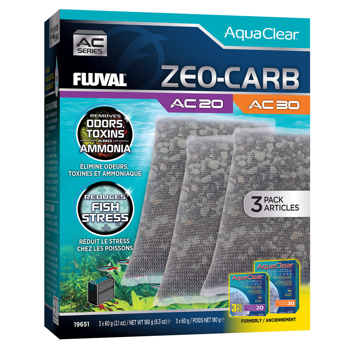 Masses filtrantes ZeoCarb pour filtre à moteur AC20/AC30 Fluval, 180 g (6,3 oz), paquet de 3