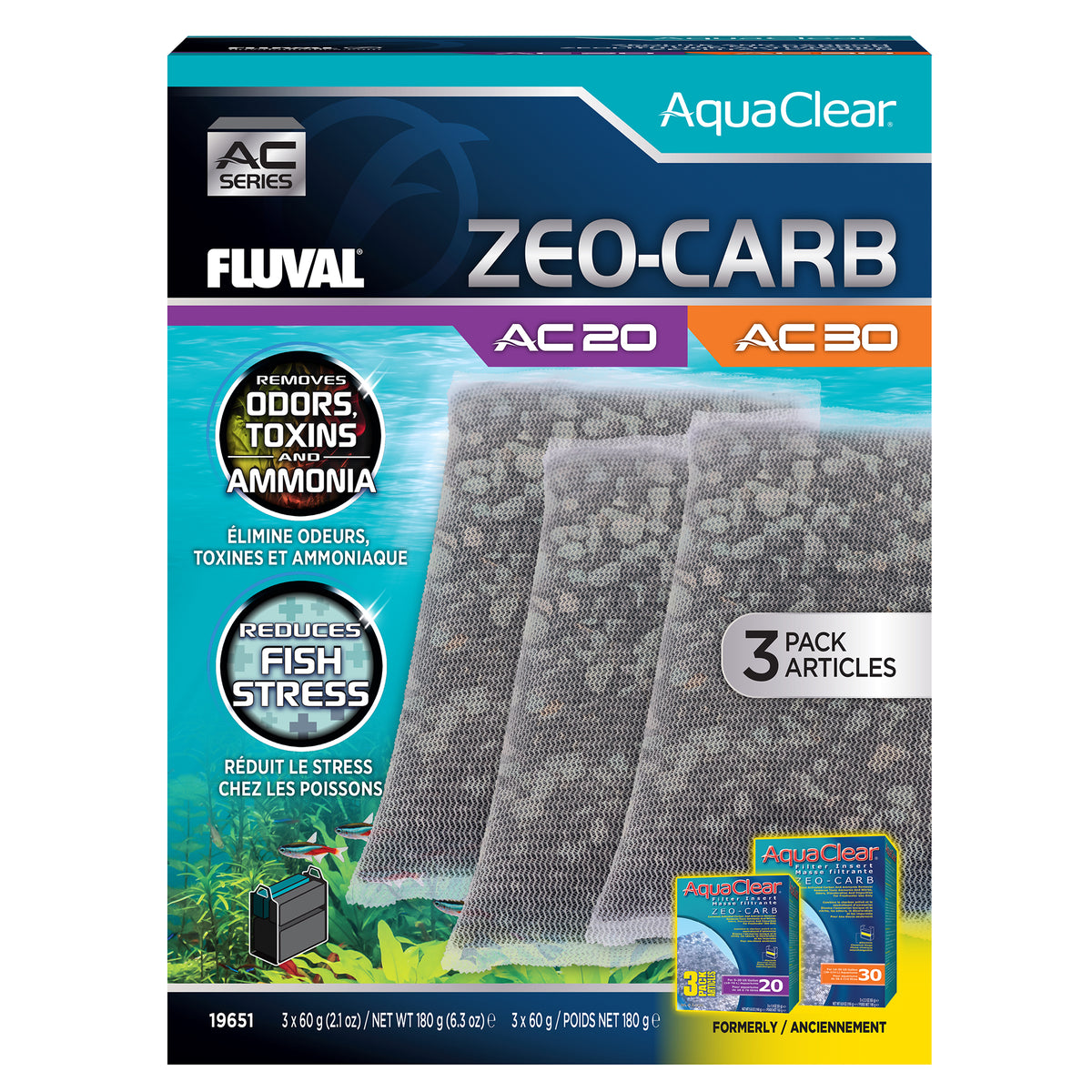 Masses filtrantes ZeoCarb pour filtre à moteur AC20/AC30 Fluval, 180 g (6,3 oz), paquet de 3