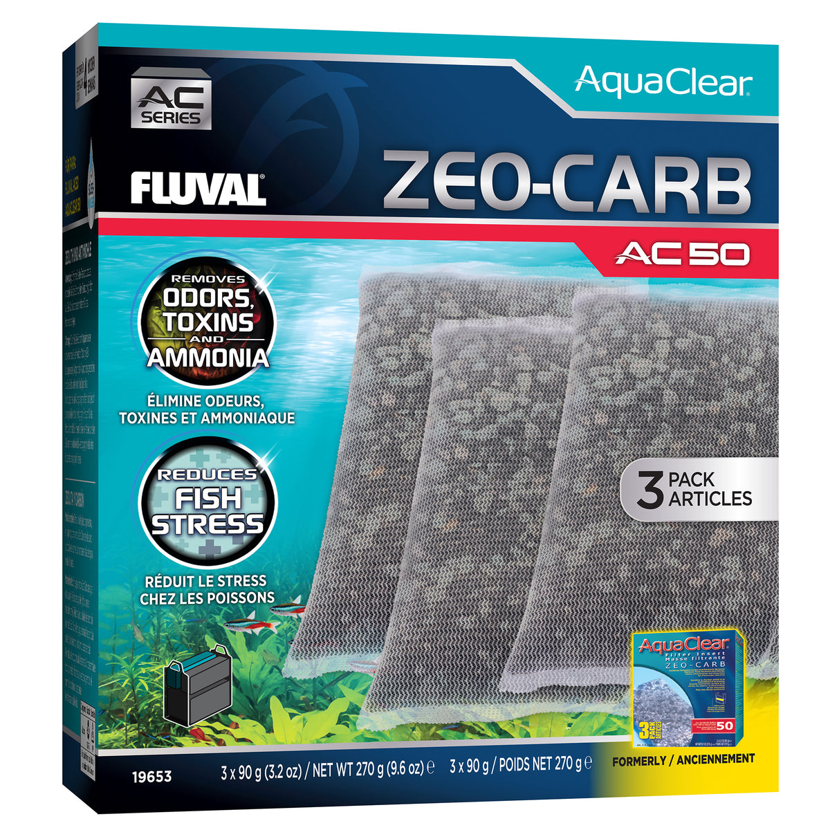 Masses filtrantes ZeoCarb pour filtre à moteur AC50 Fluval, 270 g (9,5 oz), paquet de 3